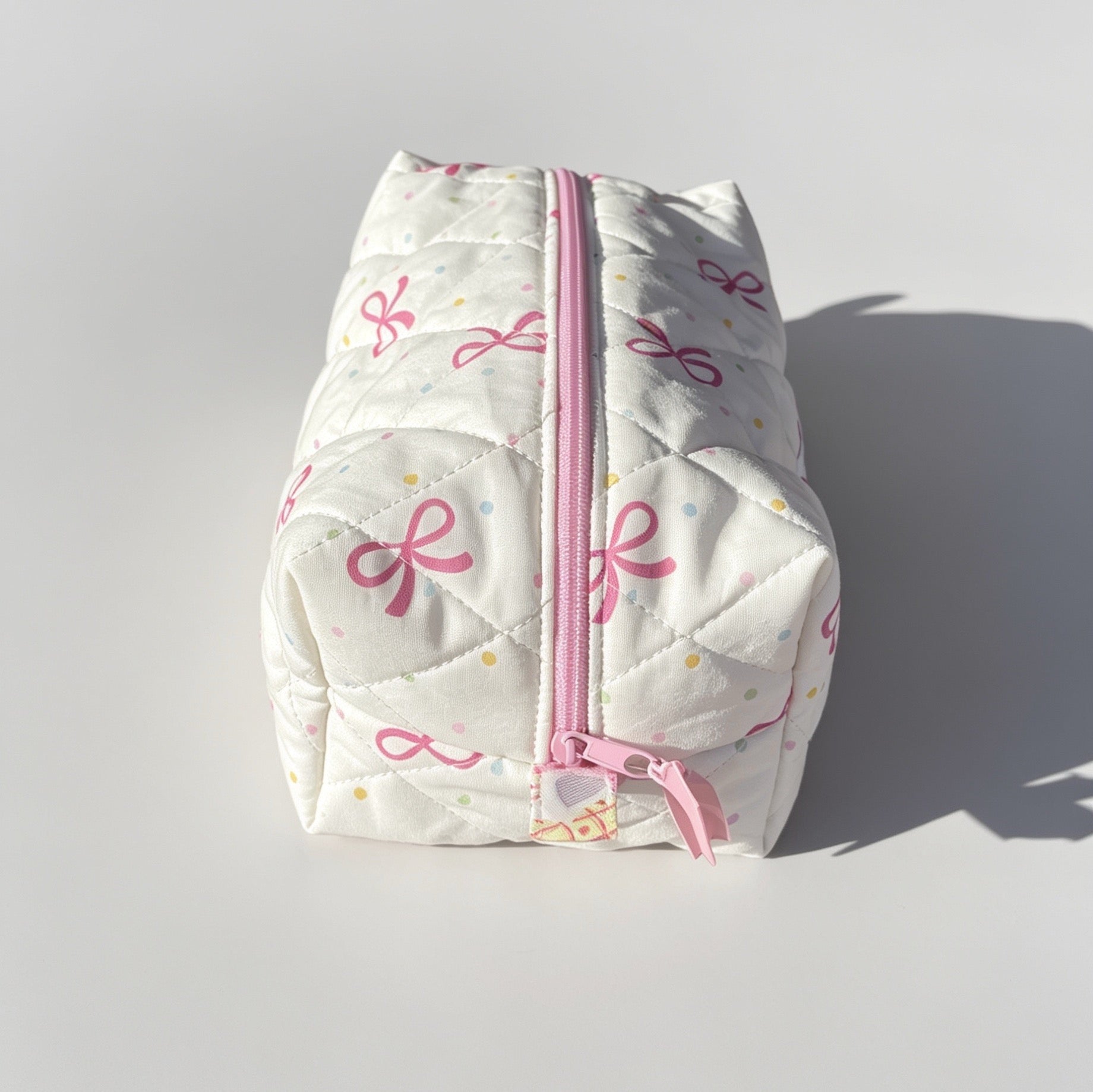 Cream Pink Bow Quilted Makeup Bag – Heart Lined Cosmetic Pouch