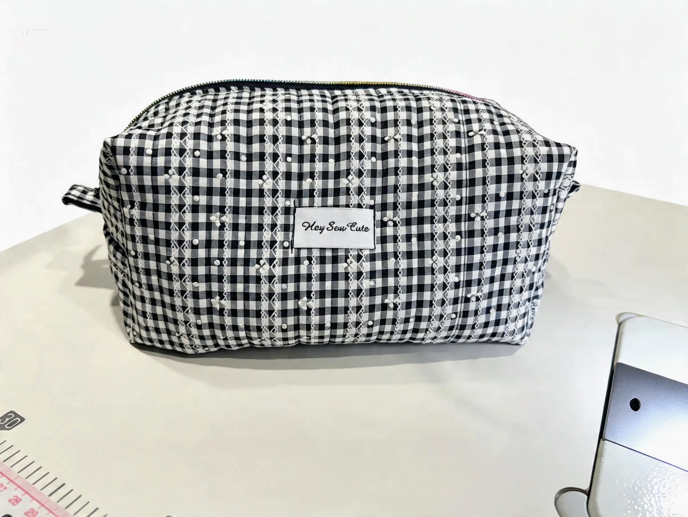 Black Gingham Textured Boxy Makeup Bag with Rainbow Zip