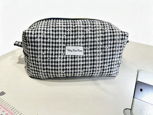 Black Gingham Textured Boxy Makeup Bag with Rainbow Zip