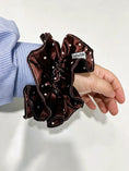Load image into Gallery viewer, Chocolate Polka Dot Satin Ruffle Scrunchie
