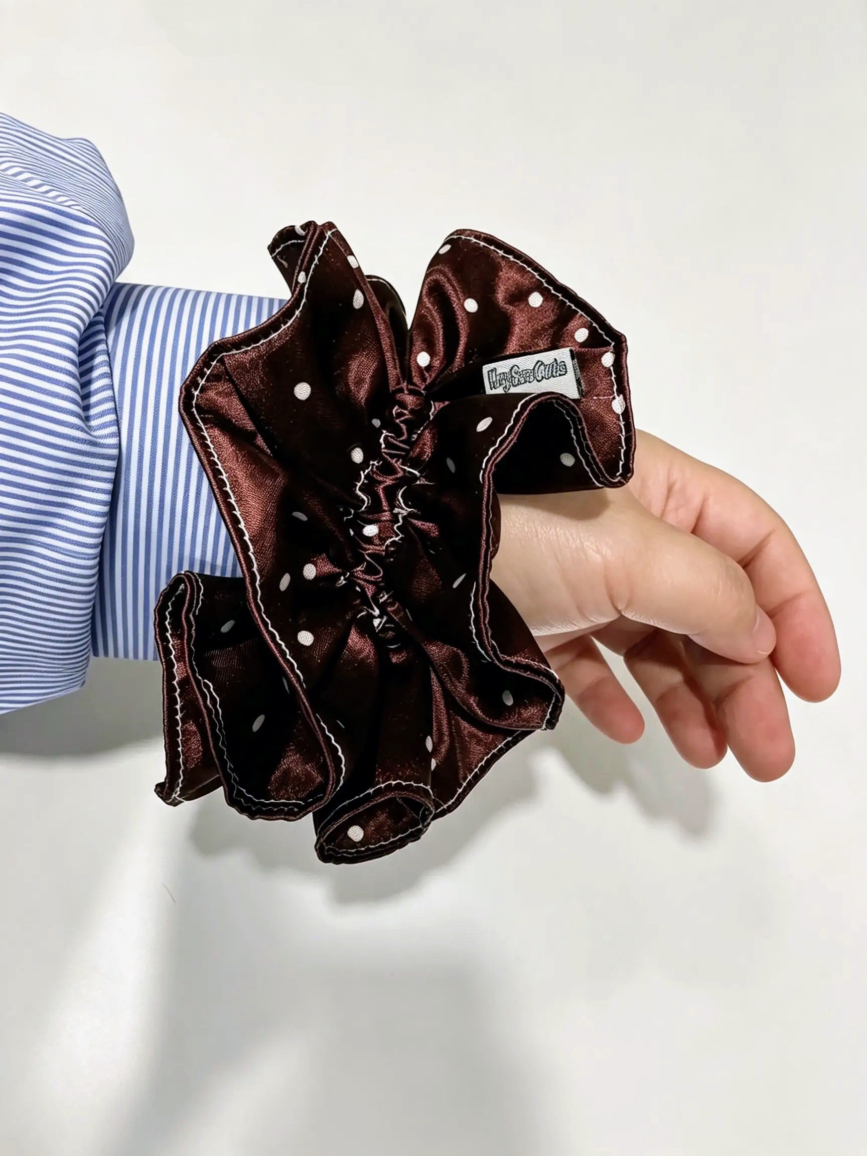 Chocolate Polka Dot Satin Ruffle Scrunchie