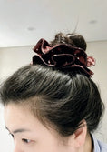 Load image into Gallery viewer, Chocolate Polka Dot Satin Ruffle Scrunchie
