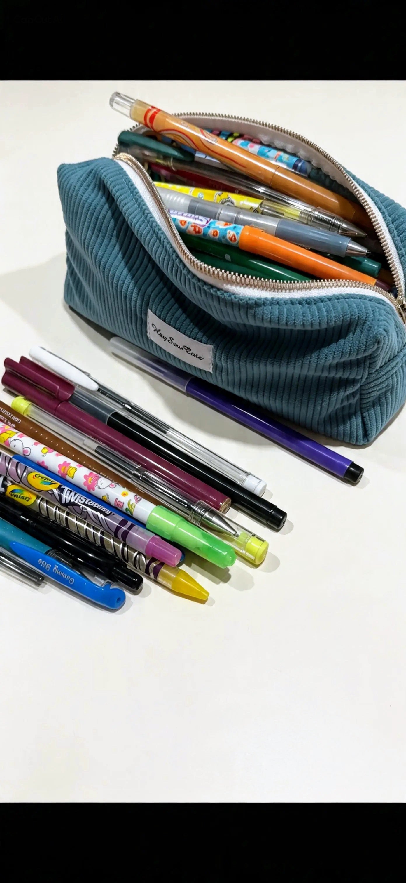 Large Green Corduroy Pencil Case – Spacious Handmade Boxy Stationery Pouch for Students & Office Workers