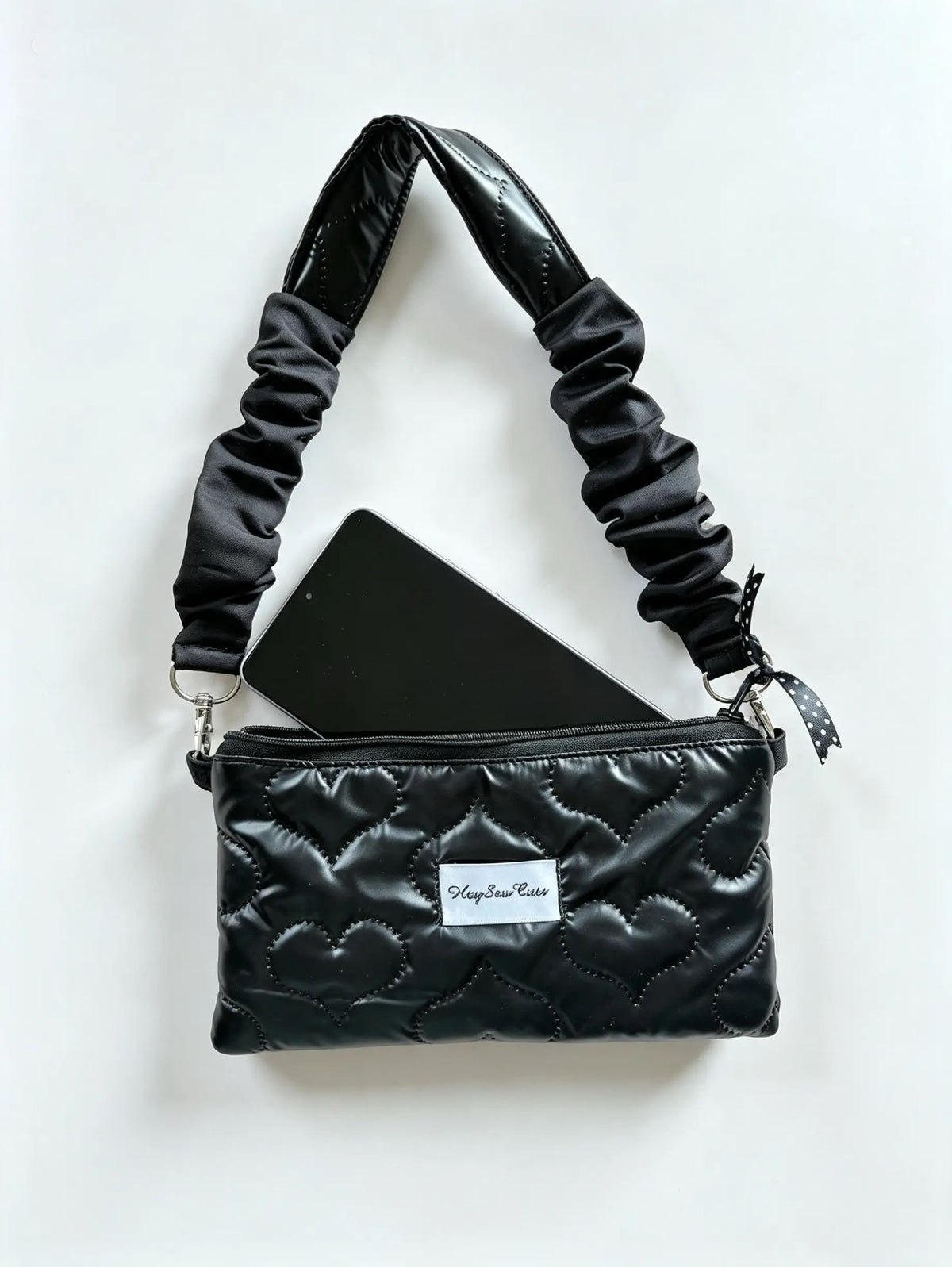Black Heart Quilted 2 Way Phone Bag with Elastic Shoulder Strap