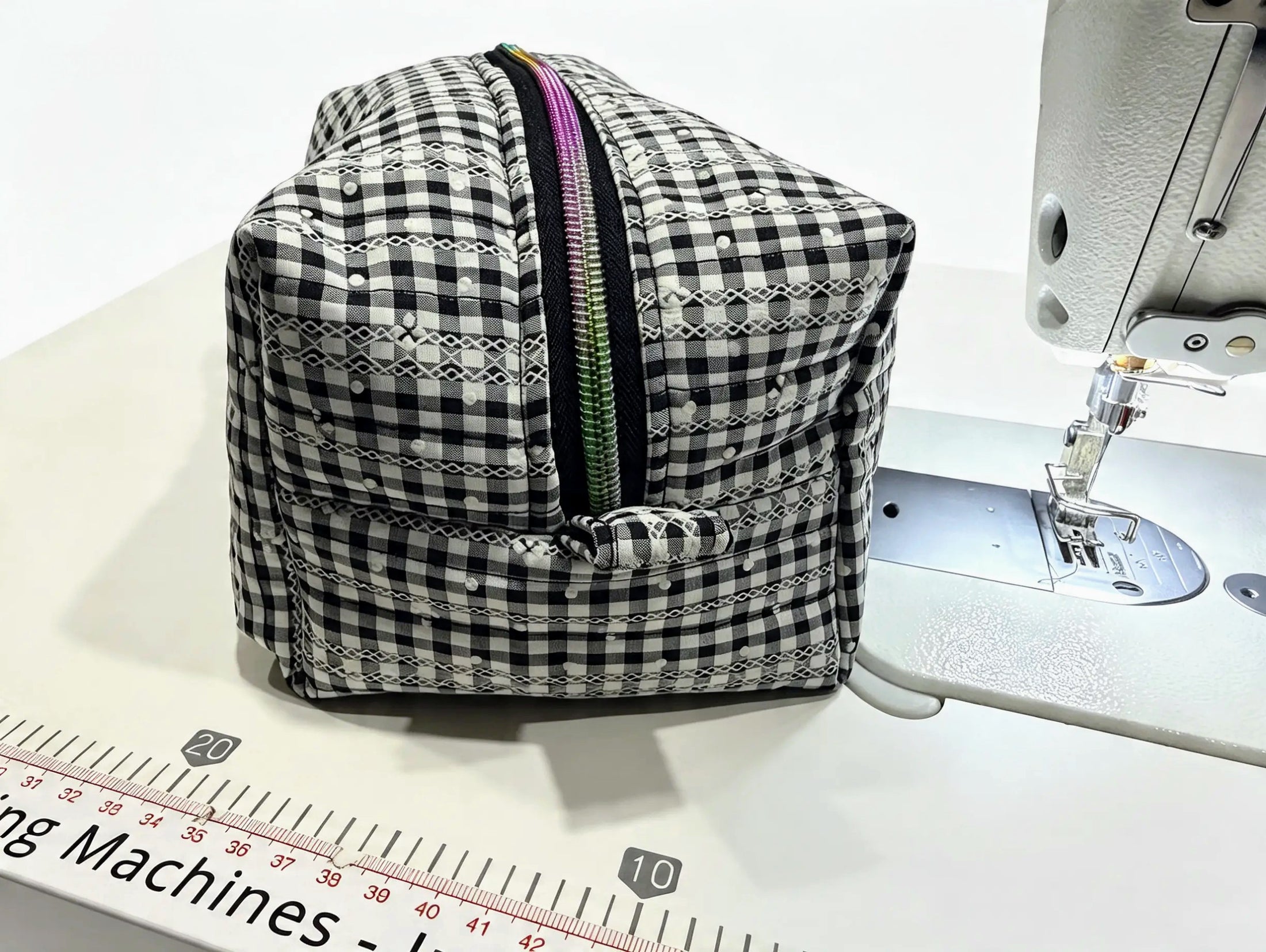 Black Gingham Textured Boxy Makeup Bag with Rainbow Zip