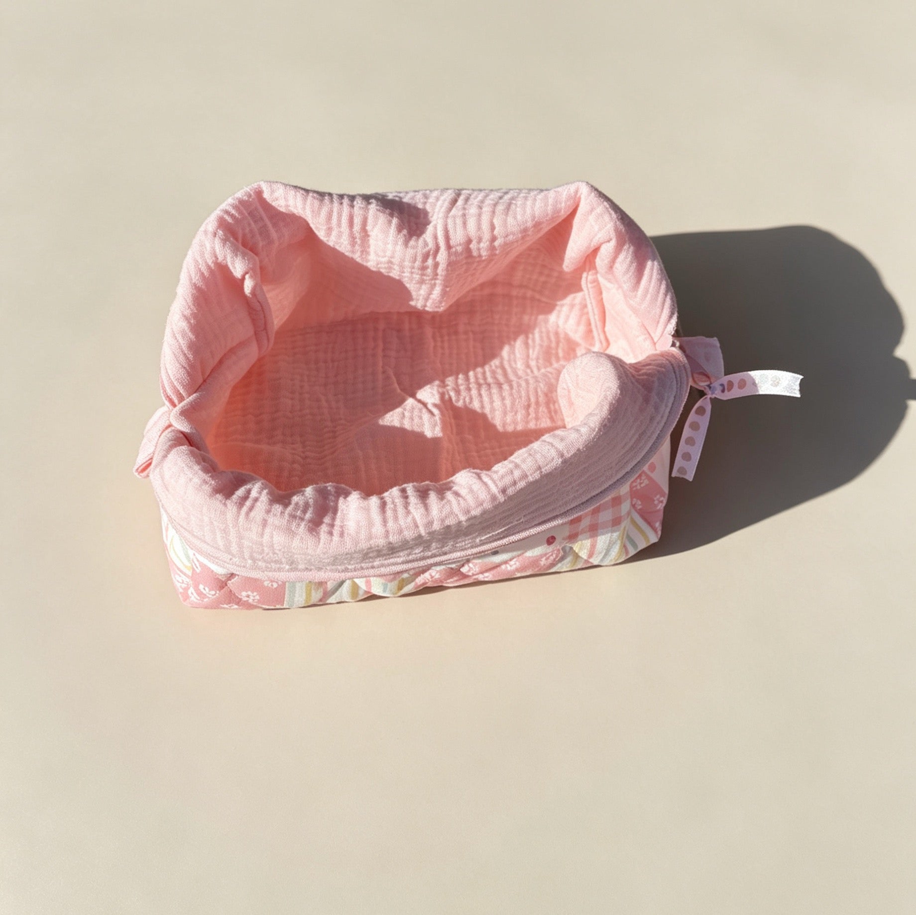 Pink Patchwork Quilted Makeup Bag – Soft Cosmetic Pouch