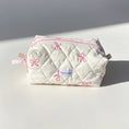 Load image into Gallery viewer, Cream Pink Bow Quilted Makeup Bag – Heart Lined Cosmetic Pouch
