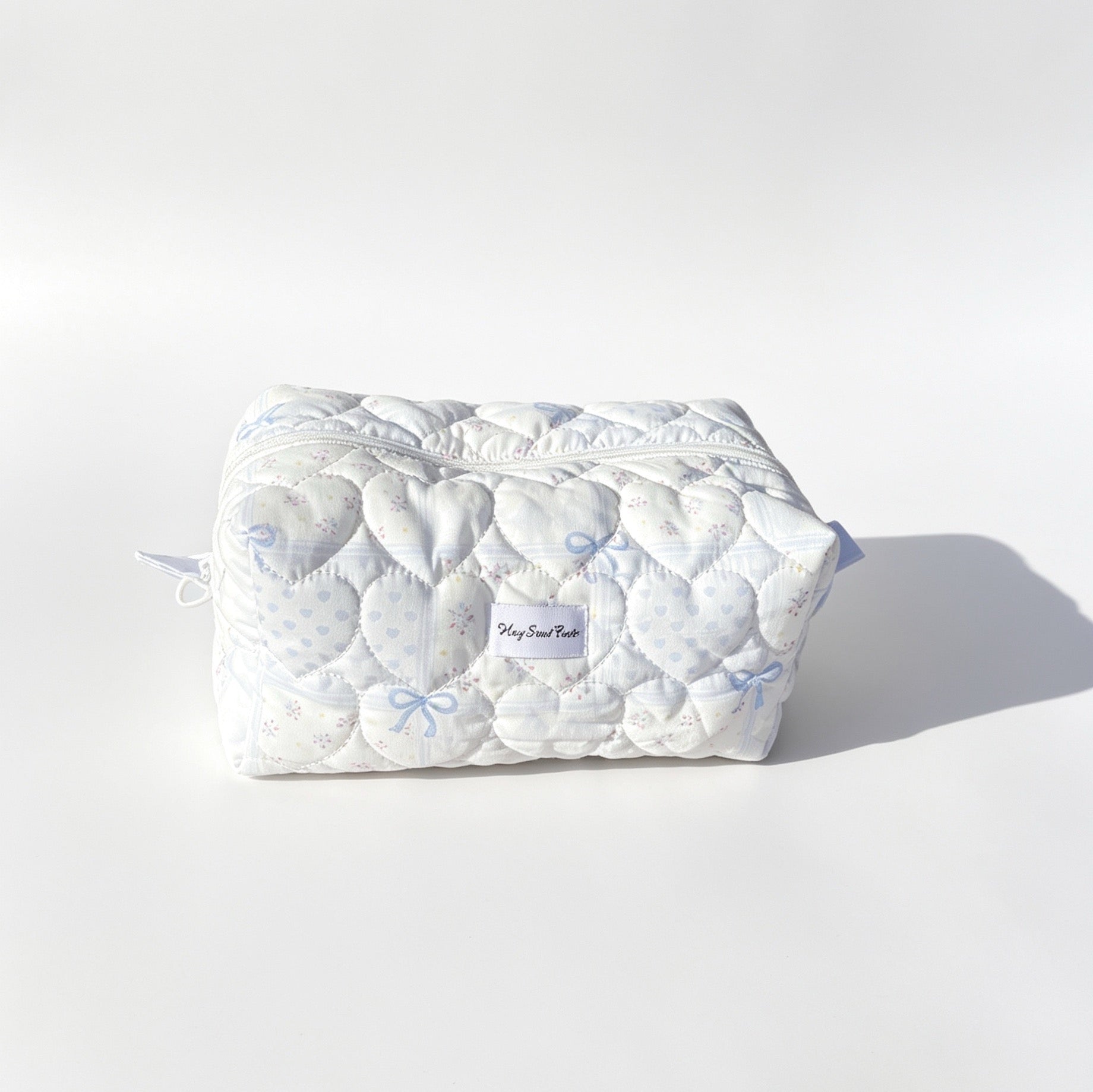 Light Blue Quilted Makeup Bag – Heart Cosmetic Pouch