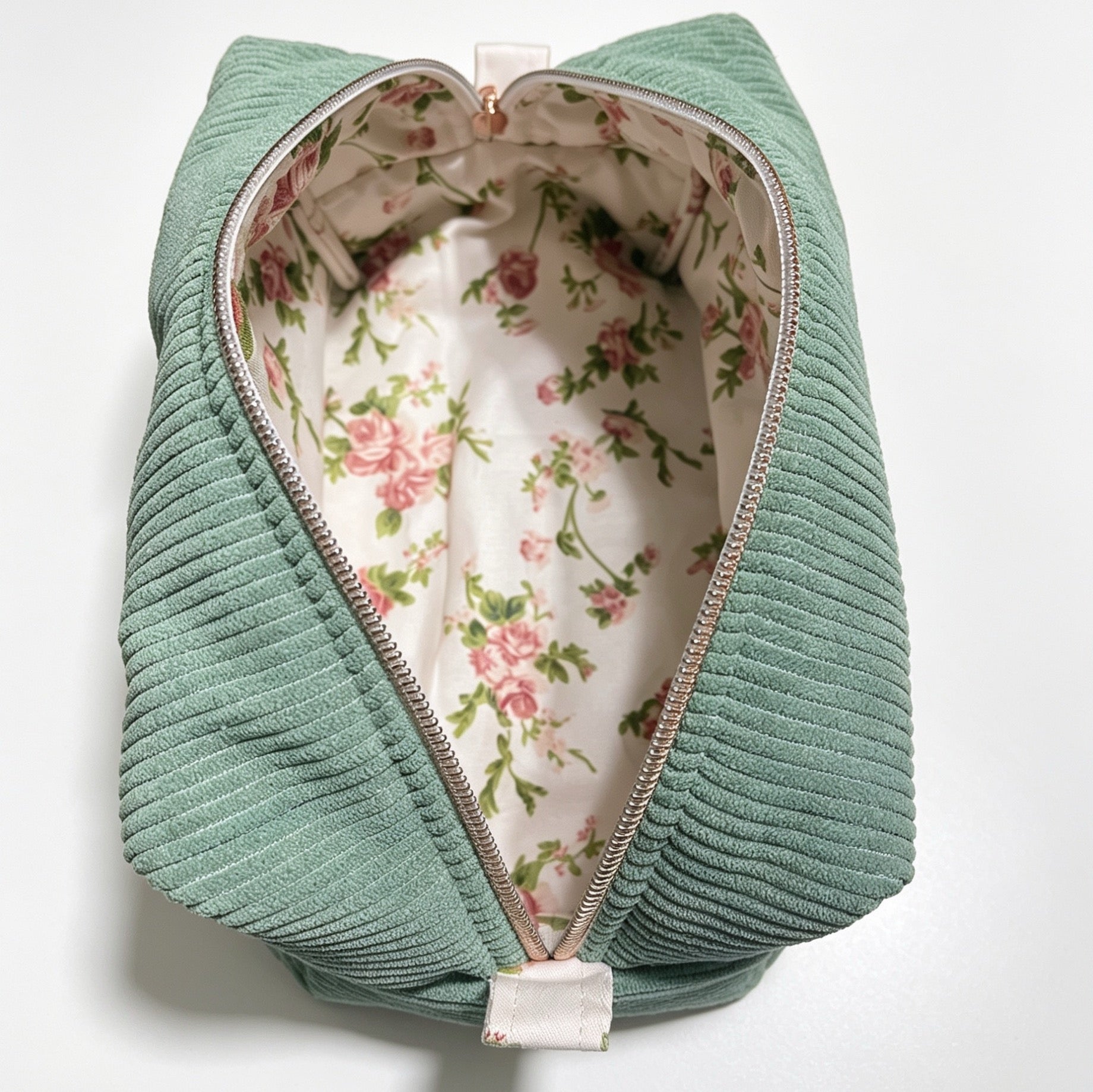 HEYSEWCUTE XL CORDUROY MAKEUP BAG - SAGE GREEN WITH PINK FLORAL LINING