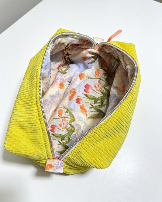 HEYSEWCUTE XL CORDUROY MAKEUP BAG - YELLOW WITH TULIP FLORAL LINING