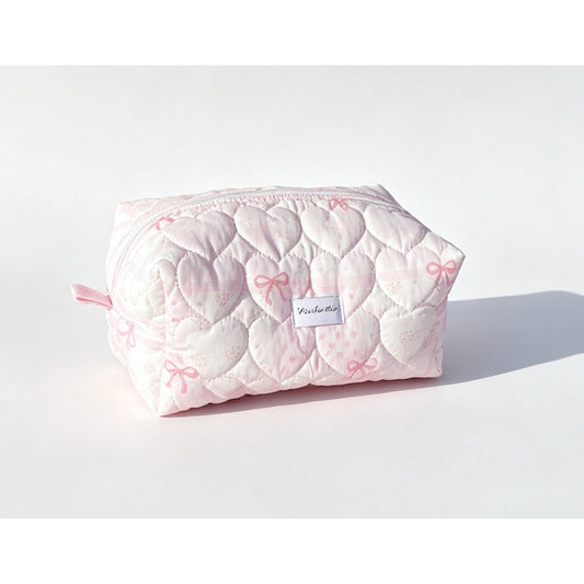 Pink Quilted Makeup Bag with Heart Stitching – Handmade Cosmetic Pouch