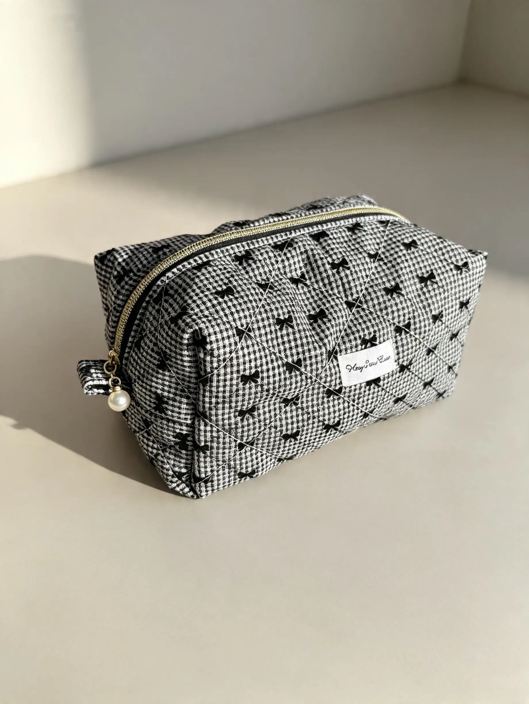 Black Bow Quilted Makeup Bag