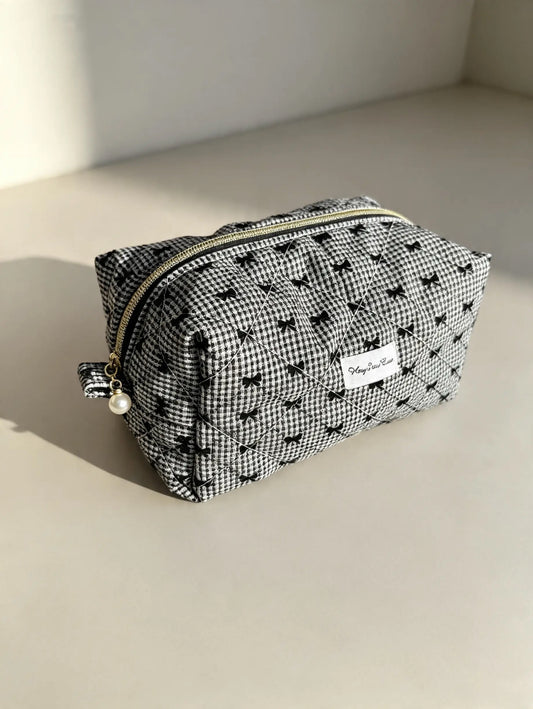 Black Bow Quilted Makeup Bag