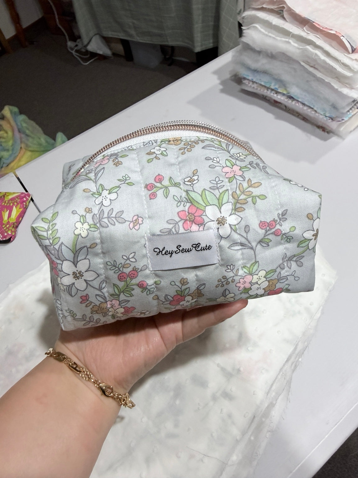 Daily Muse Grey Blossom handmade makeup bag front view