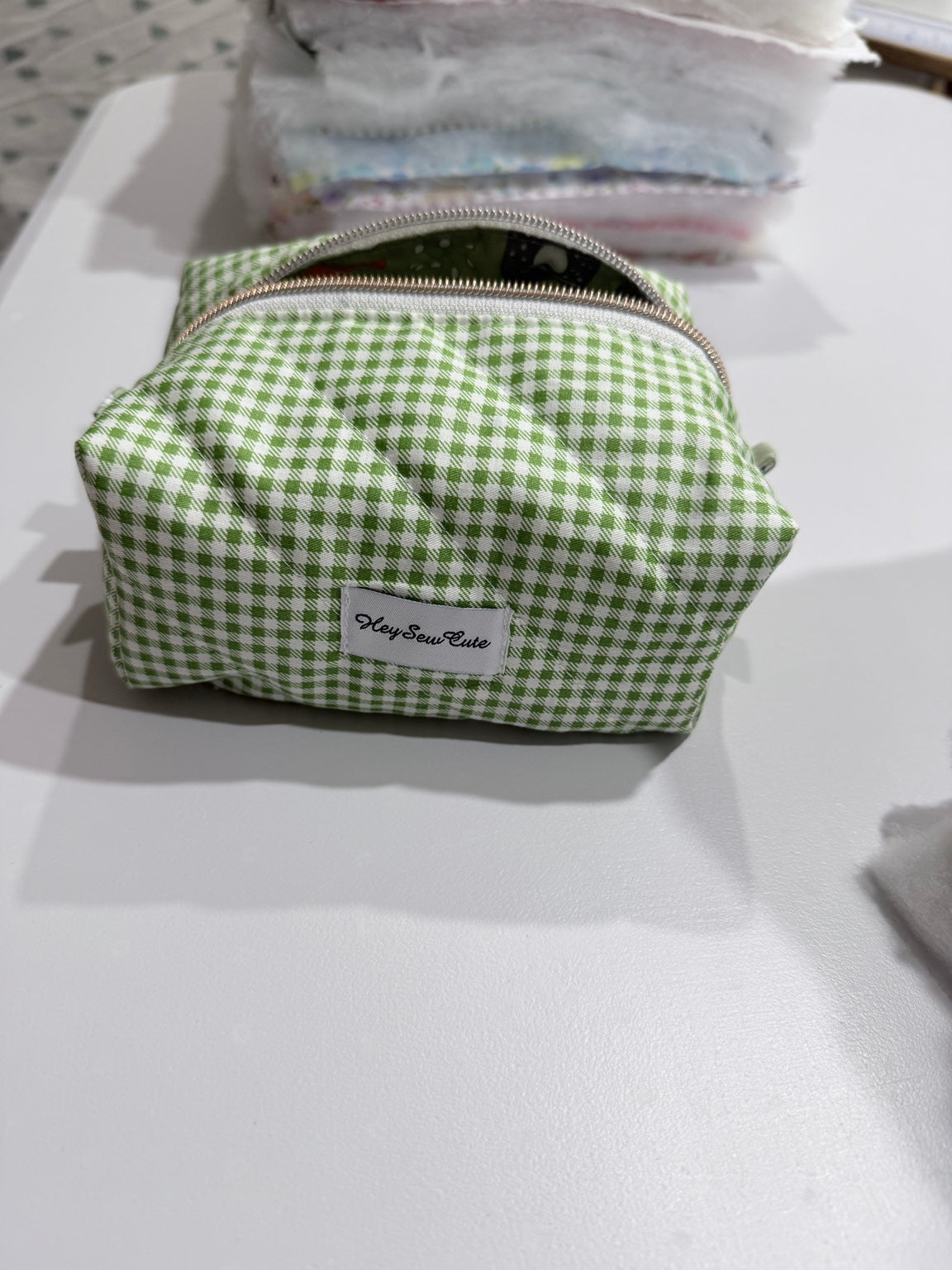 Daily Muse green gingham handmade makeup bag product view