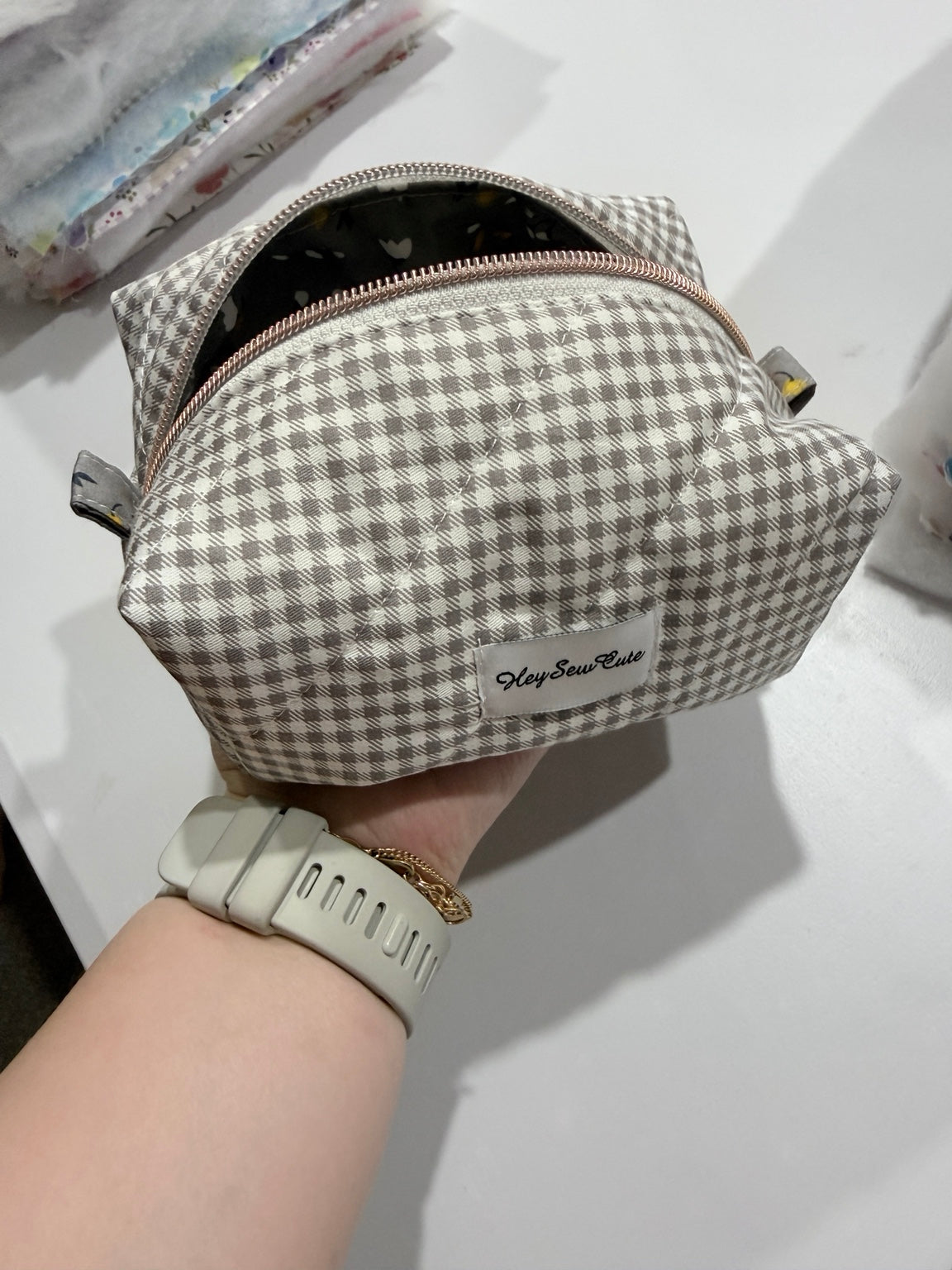 Daily Muse grey gingham handmade makeup bag product view