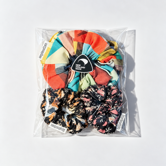 HeySewCute handmade Kiwiana scrunchie trio with 1 medium and 2 mini scrunchies