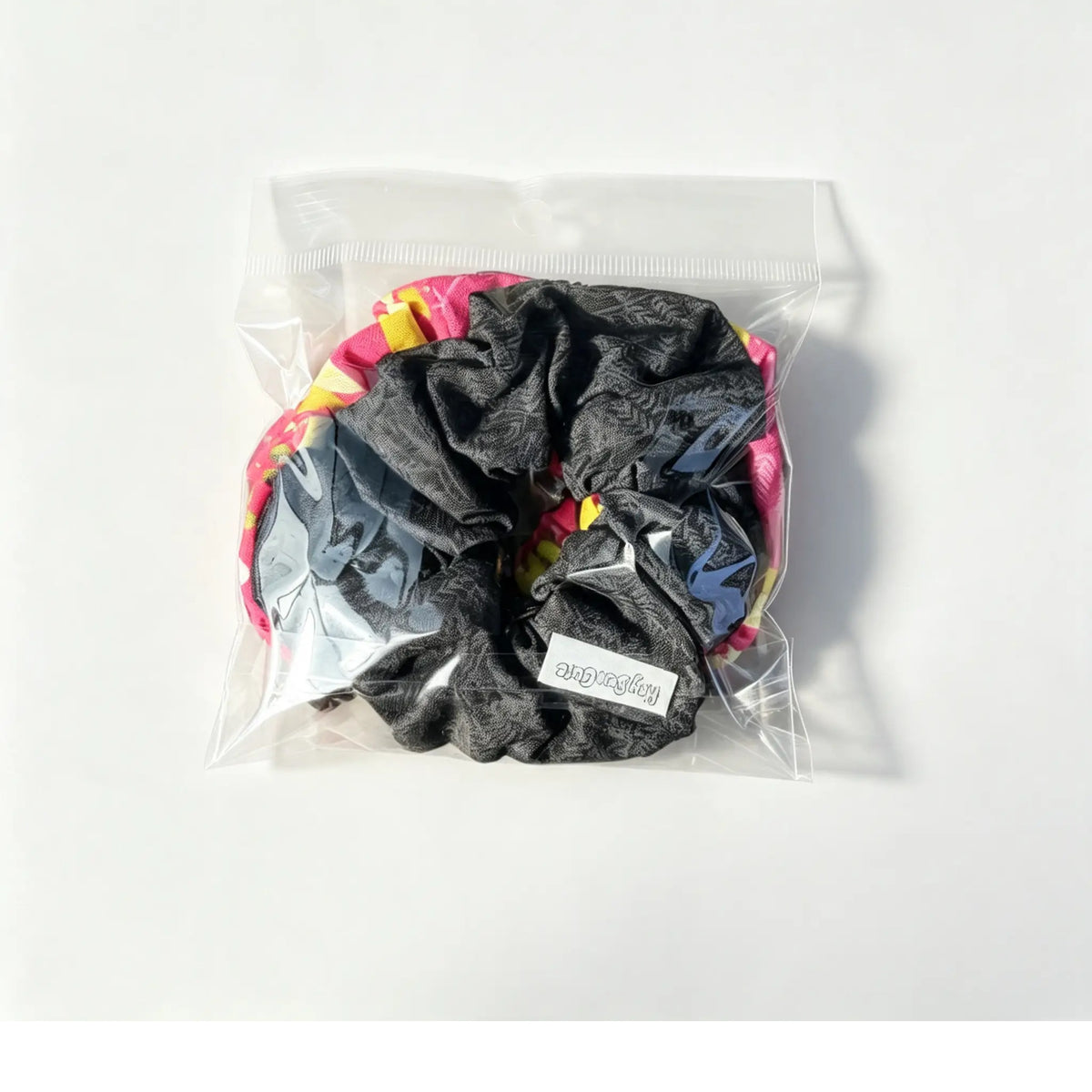 Handmade NZ Made Scrunchie Duo – Pink Floral & Charcoal back view