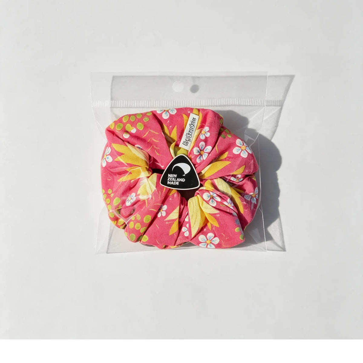 Handmade NZ Made Scrunchie Duo – Pink Floral & Charcoal front view