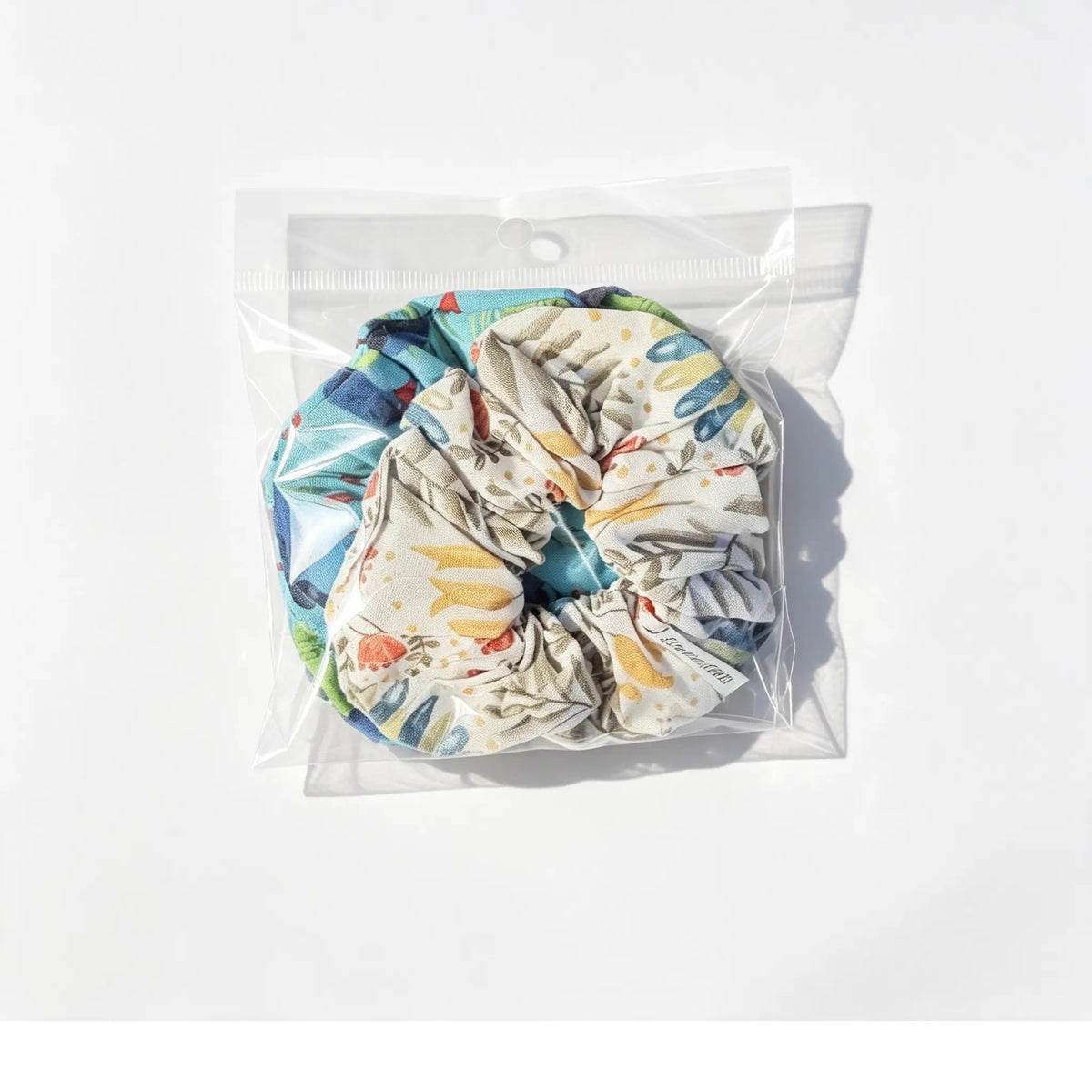 Handmade NZ Made Scrunchie Duo – Blue & Cream Botanical back view