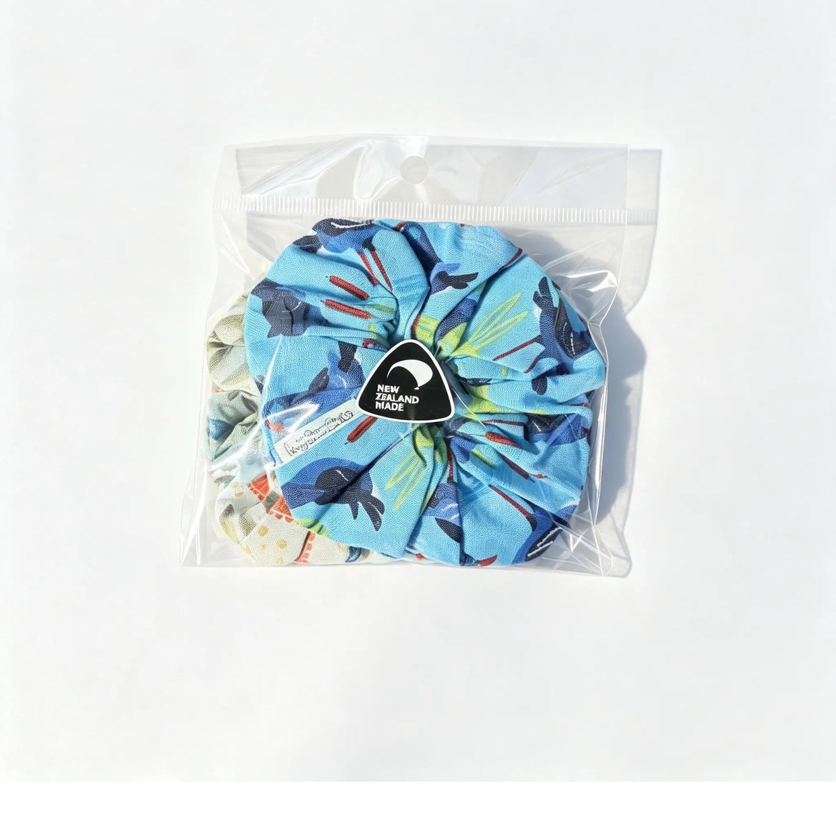 Handmade NZ Made Scrunchie Duo – Blue & Cream Botanical front view