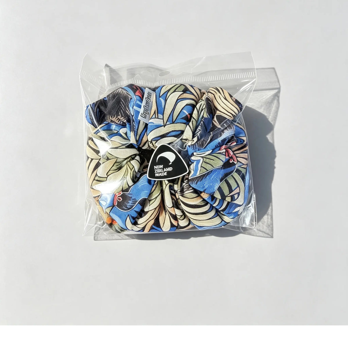Handmade NZ Made Scrunchie Duo – Blue Graphic & Vintage Floral front view
