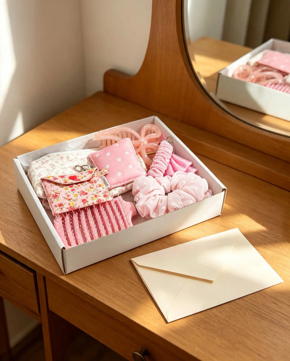 HeySewCute pink gift box arranged on a dressing table
