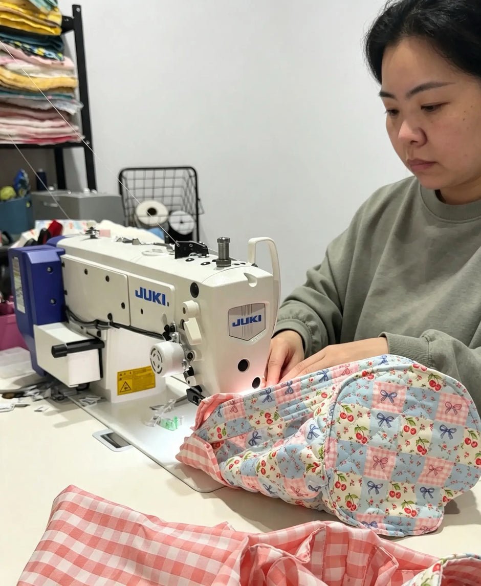 HeySewCute maker sewing a handmade quilted bag on a JUKI machine