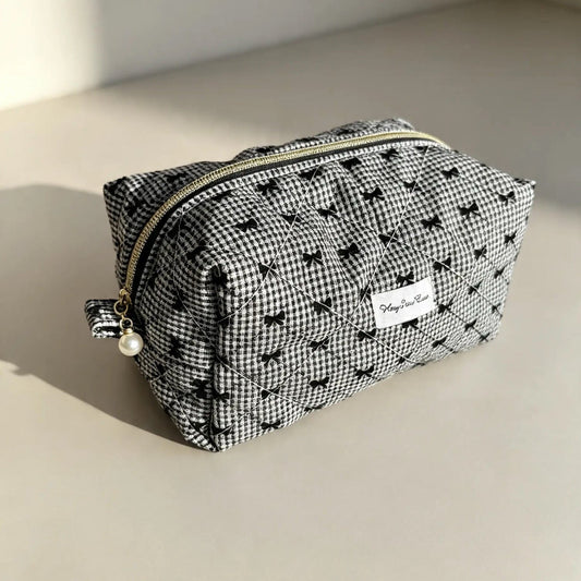 Black Bow Quilted Makeup Bag