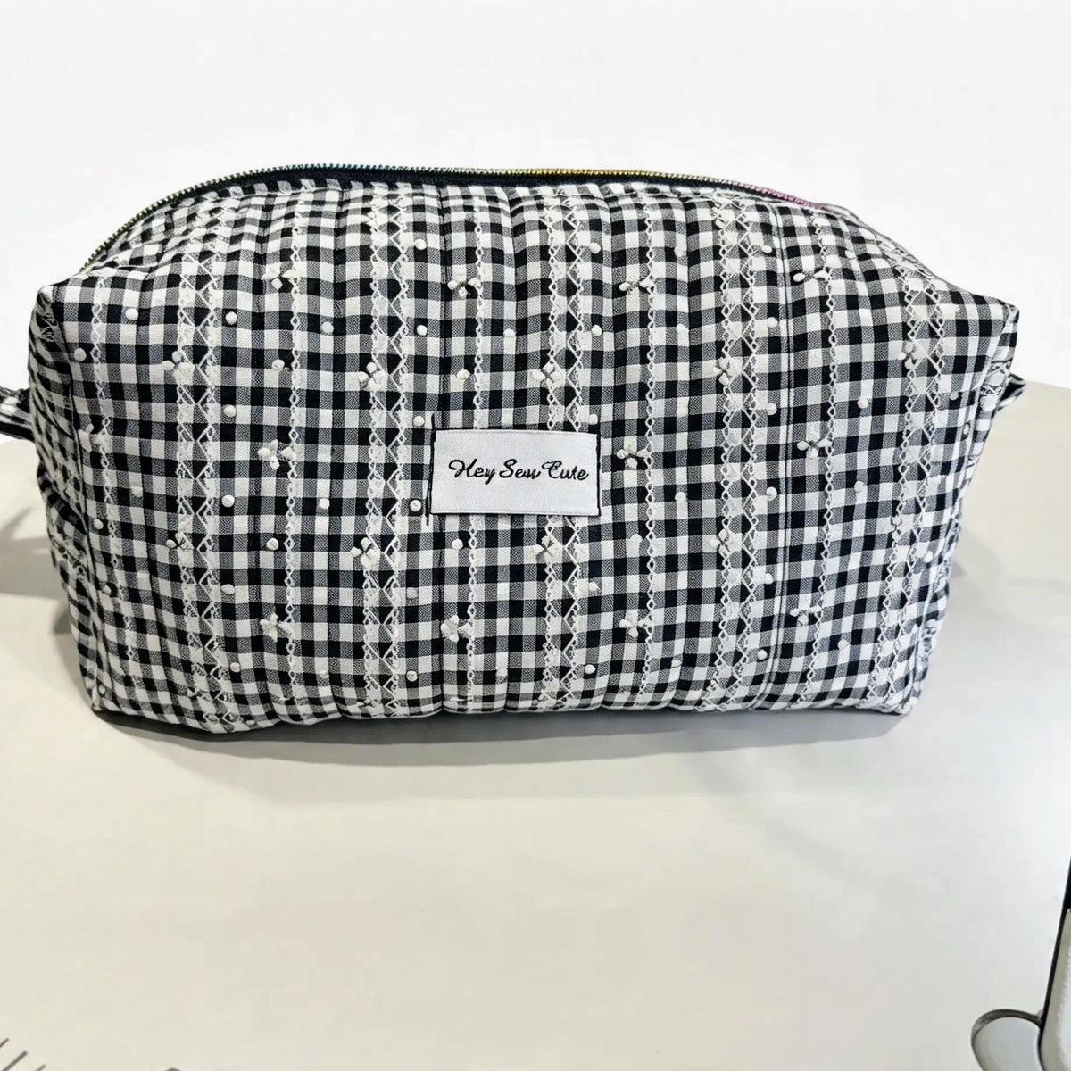 Black Gingham Textured Boxy Makeup Bag with Rainbow Zip