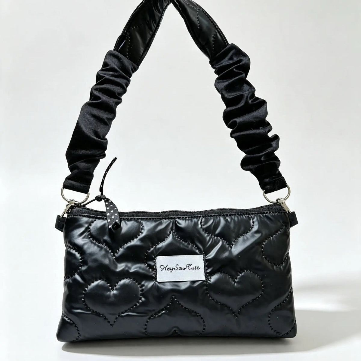 Black Heart Quilted 2 Way Phone Bag with Elastic Shoulder Strap