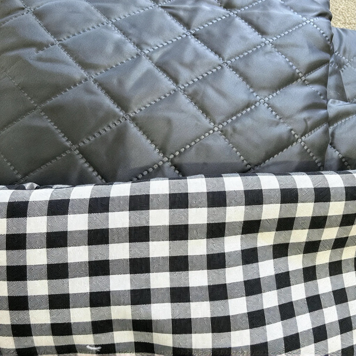 Black Gingham Quilted Mochi fabric combination preview; fabrics shown before sewing