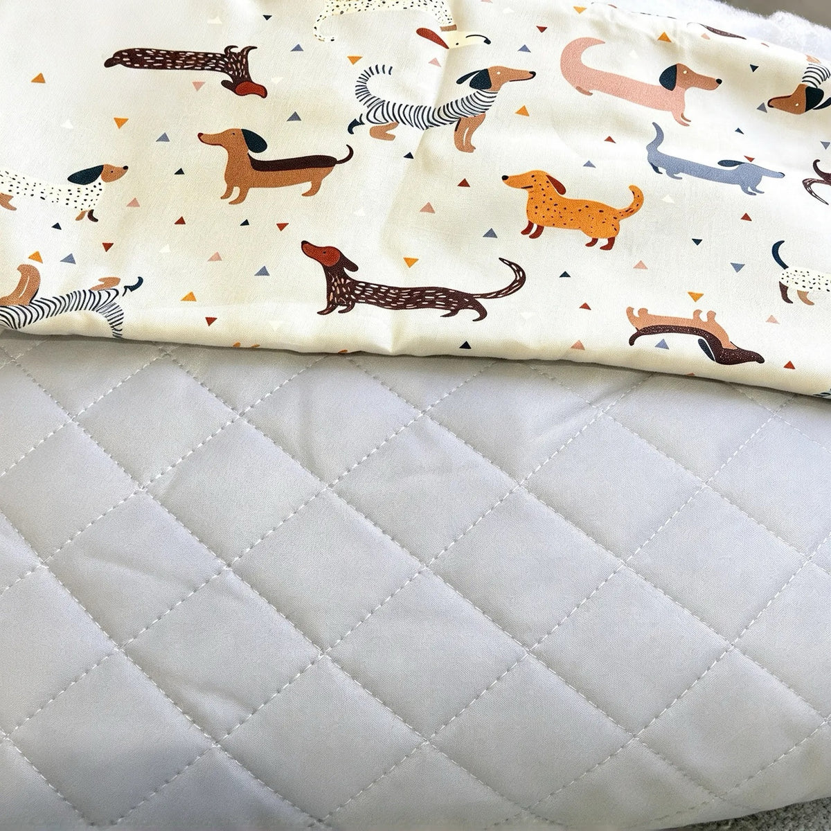 Grey Sausage Dog Quilted Mochi fabric combination preview; fabrics shown before sewing