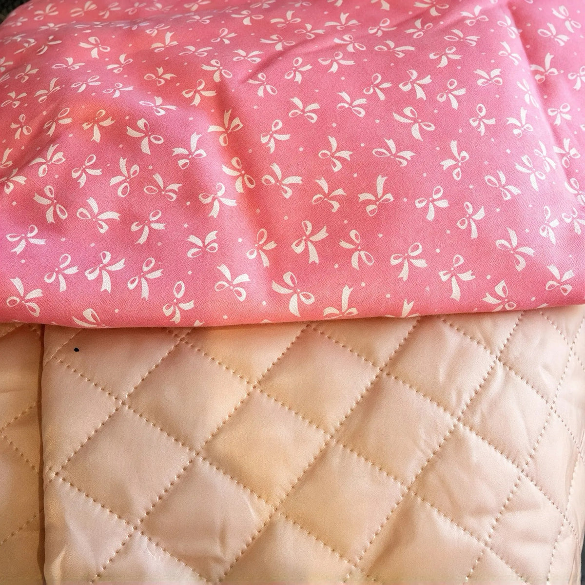 Pink Ribbon Quilted Mochi fabric combination preview; fabrics shown before sewing