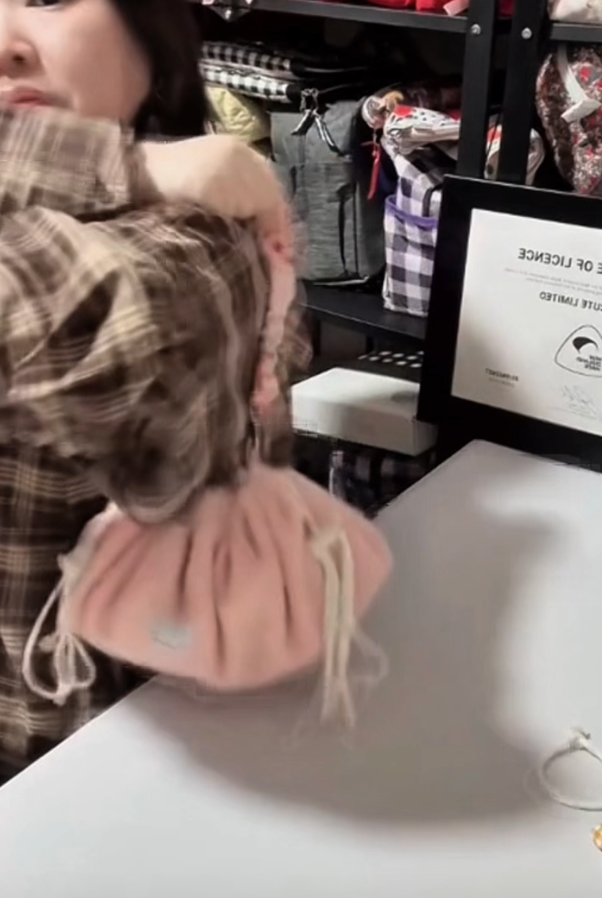 Strawberry Mochi Bag held after closing to demonstrate its portable pouch shape